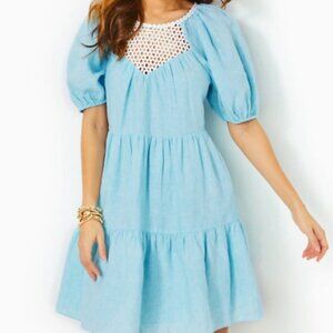 NWT Lilly Pulitzer Charlet short sleeve blue linen dress with pockets